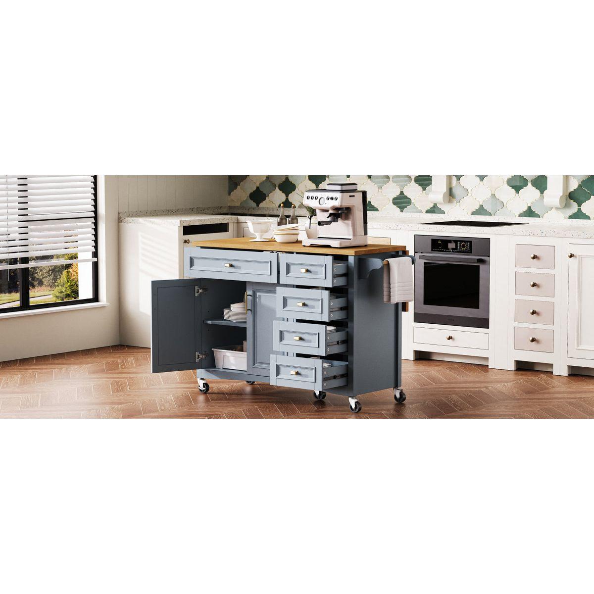 K&K 52'' Kitchen Island with Drop Leaf, Embossed Texture Kitchen Island on Wheels with Spice Rack, Towel Rack, 2 Doors and 5 Drawers, Kitchen Storage Cart with Adjustable Shelf for Kitchen, Blue Grey