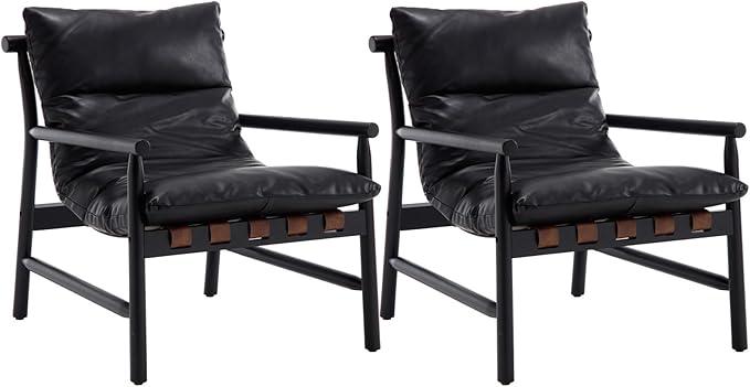 Kmax Modern Sling Accent Chairs Set of 2 Upholstered PU Leather Living Room Chairs Solid Wood Frame Arm Chairs Comfy Lounge Chairsfor Bedroom, Reading Room, Black