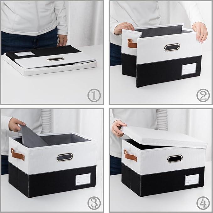 PRANDOM Foldable Storage Bins with Lids [3-Pack] Fabric Collapsible Storage Boxes Baskets Cubes Containers with Handles for Closet Living Room Bedroom (Black & White 17.7x11.8x11.8'')