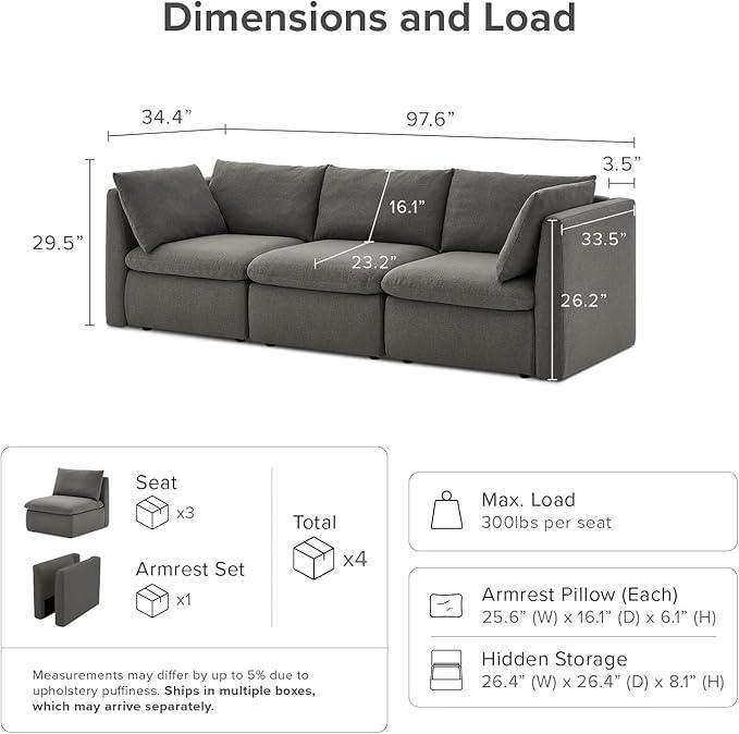 mopio Oversized Modular Sectional Sofa with Fully Removable Covers and Storage, Convertible U, L-Shaped and Sleeper Sectional, Modern Couches with Ottoman Chaise (Stone Gray Fabric, 3 Seater)