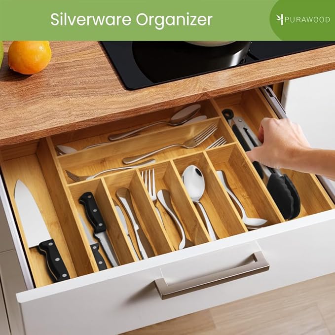 Purawood Bamboo Drawer Organizer - Expandable Silverware Organizer & Utensil Drawer Organizer, Cutlery Tray with Dividers, 7-9 Slots- Kitchen Organizer for Utensils & Flatware (Natural)
