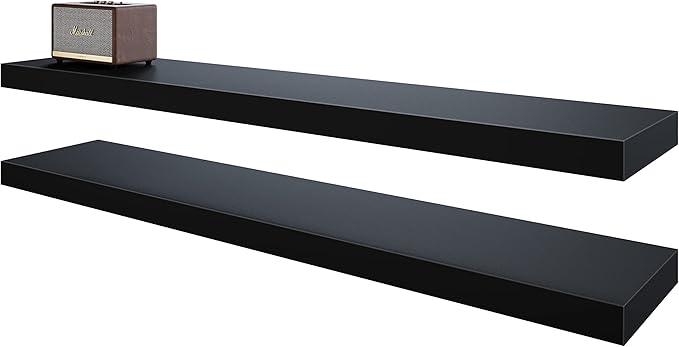 BAMEOS Floating Shelves, Black Wall Mounted Wooden Shelves with Invisible Brackets Set of 2,47 x 9
