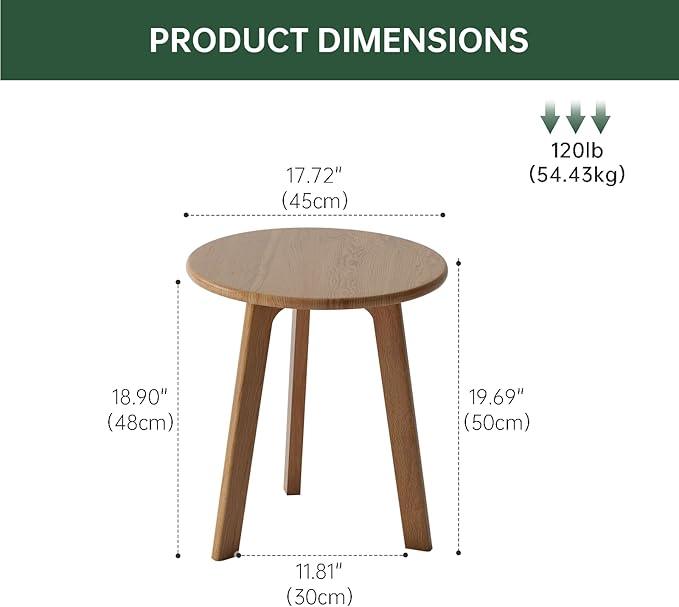 100% Solid Oak Round Side Table Set of 2, Small Bedside Table for Small Spaces, Living Room End Table with Stable Frame, Modern Nightstand for Bedroom Couch(Natural, 17.71