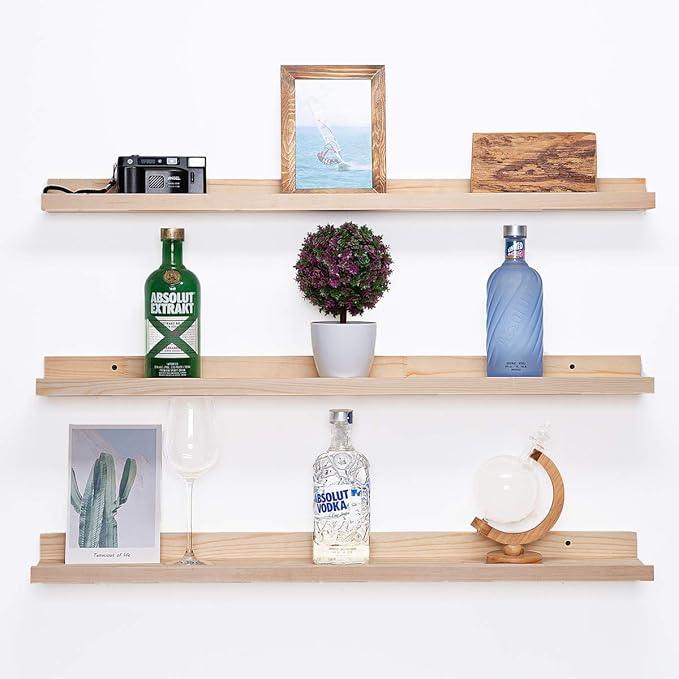 AZSKY 36 Inch Picture Ledge Shelf Solid Wood Large Floating Shelves Wall Mounted Rustic Natural Shelves for Home, Living Room, Bedroom, Bathroom, Office 3 Same Sizes
