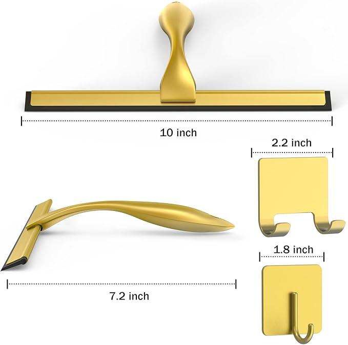All-Purpose Stainless Steel Shower Squeegee for Shower Doors with 2 Adhesive Hooks, Bathroom Cleaner Tool Household Window Mirror Squeegee for Home Cleaning, Glass Door, Tile Wall, Car, 10 Inch Golden