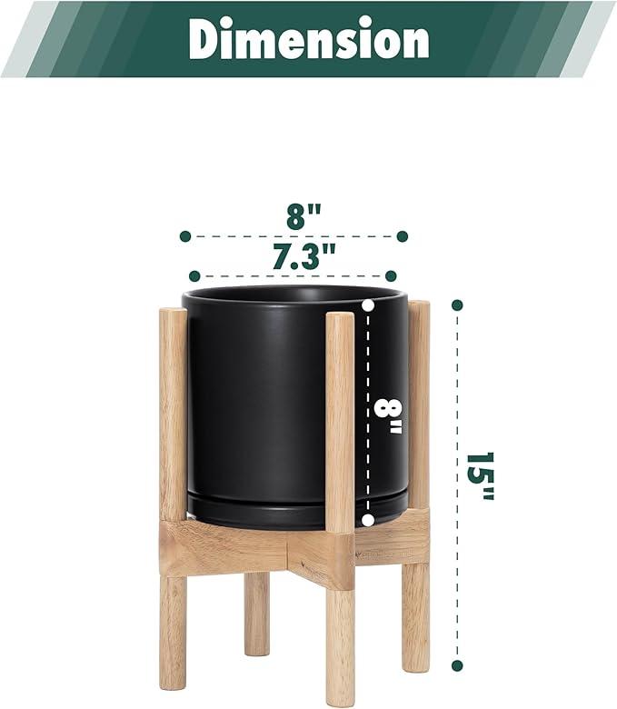 D'vine Dev Ceramic Planter with Natural Stand - 8 Inch Modern Round Flower Pot with Wood Planter Holder, Black, 55-B-N-2