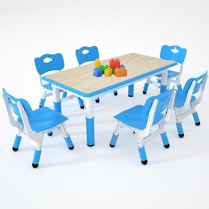 Kids Study Table and 6 Chairs Set,Height Adjustable Table and Chairs for Children and Toddlers,47.2