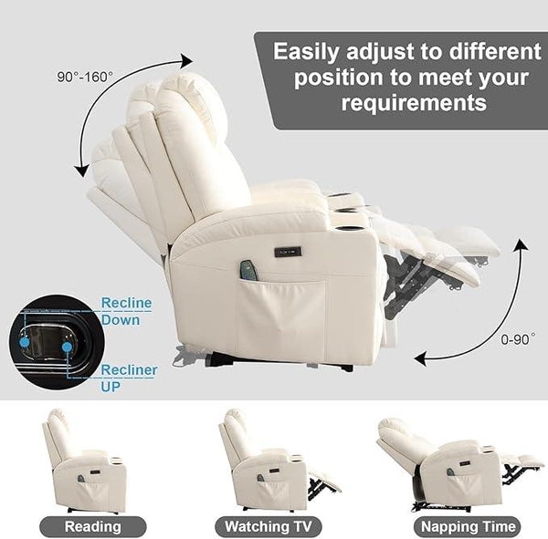 Power Recliner Chair with Heat and Massage, PU Leather Home Theater Seating with LED Lights/Cup Holders/Side Pocket/USB Port, Reclining Sofa Chair for Living Room(2, Beige)