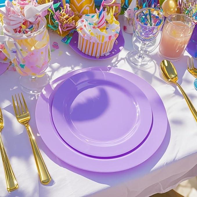 FLOWERCAT 60PCS Purple Plates - Heavy Duty Purple Plastic Plates Disposable for Easter Party/Wedding - Include 30PCS 10.25