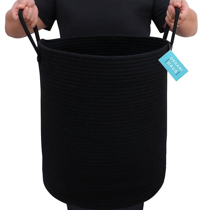 OrganiHaus Woven Laundry Basket - Large Round Black Rope Basket for Dirty Clothes, Blankets, Toys & Nursery Organizers - 38x45cm