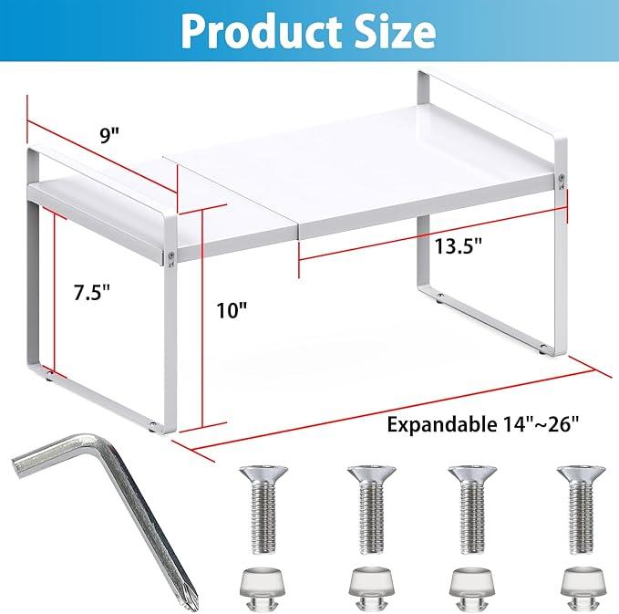 9'' Wide Expandable Cabinet Shelf Organizer Rack Adjustable Length 14''-26'' Pantry Shelf Spice Rack Heavy Duty Nonslip Kitchen Counter Storage Shelves Pantry Cupboard Under Sink Countertop White