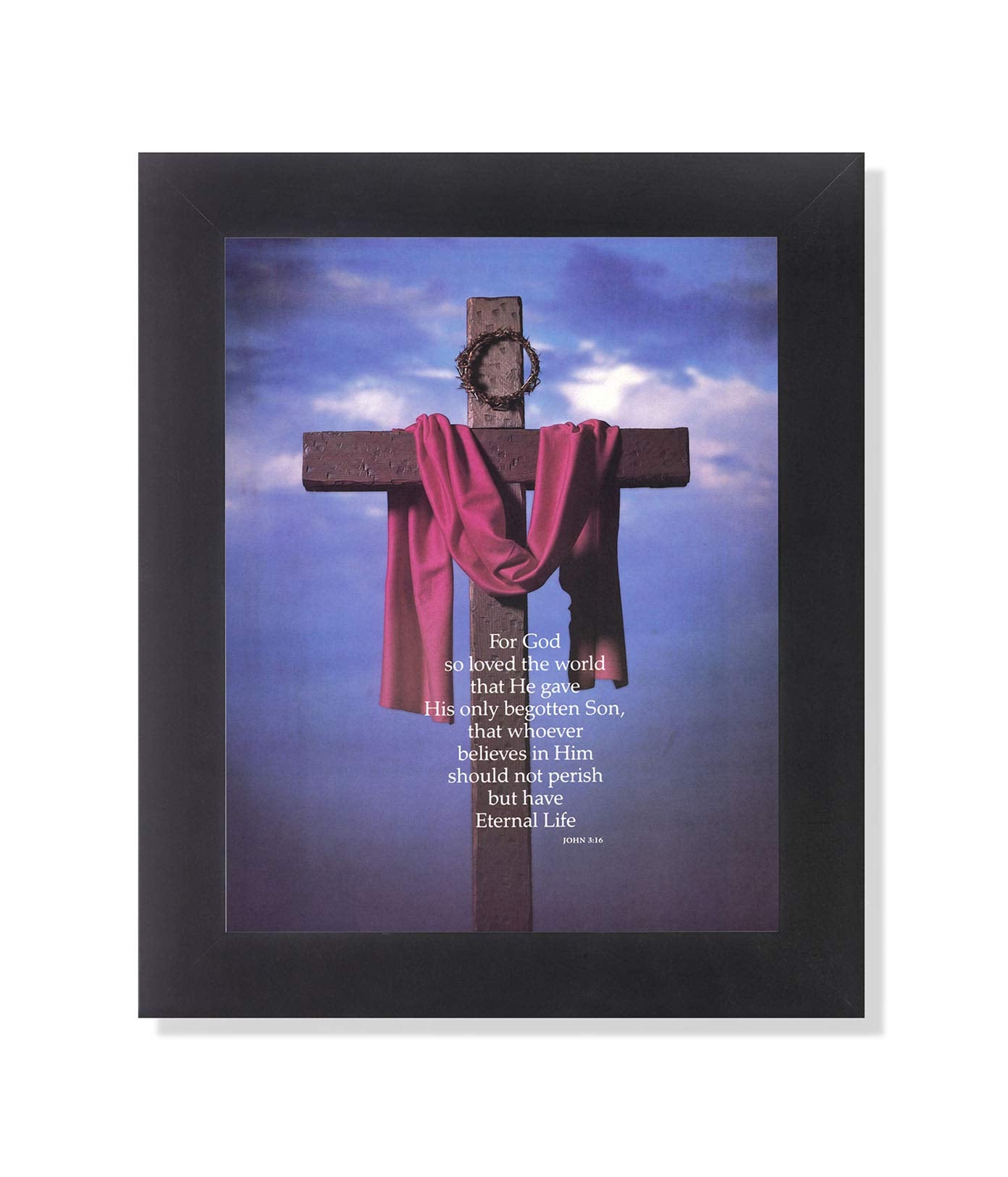 Religious Wall Art – John 3:16 Crown of Thorns Framed Art Print with Black Wood Frame
