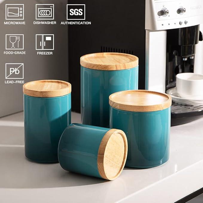 Sweejar Ceramic Food Storage Jar, Stackable Kitchen Canisters, Containers with Airtight Seal Wooden Lid for Serving Ground Coffee, Tea, Sugar, Salt and More - 28 Fl Oz (Gradient Blue)