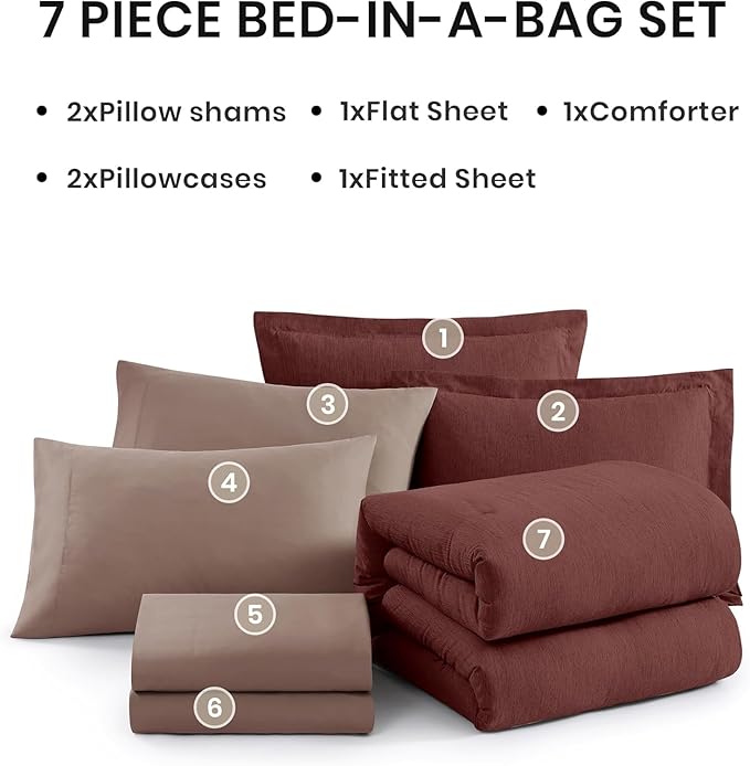 Monbix California King Comforter Set - 7 Pieces Cationic Dyeing Dark Red Bed in a Bag Cal King Bedding Sets with Comforter, Sheets, Pillowcases & Shams, Reversible Bedding Comforters Sets (108 * 92)