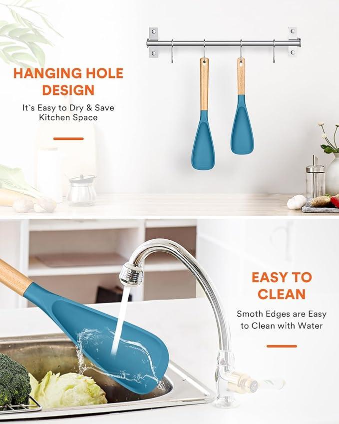 Multifunction Spatula Spoon for Nonstick Cookwares, Great for Cooking and Serving, Sturdy BPA-Free Matte Silicone, Wood Handle Spatula for Mixing, Scoop, and Scrape, Turquoise(2 pack,11.4