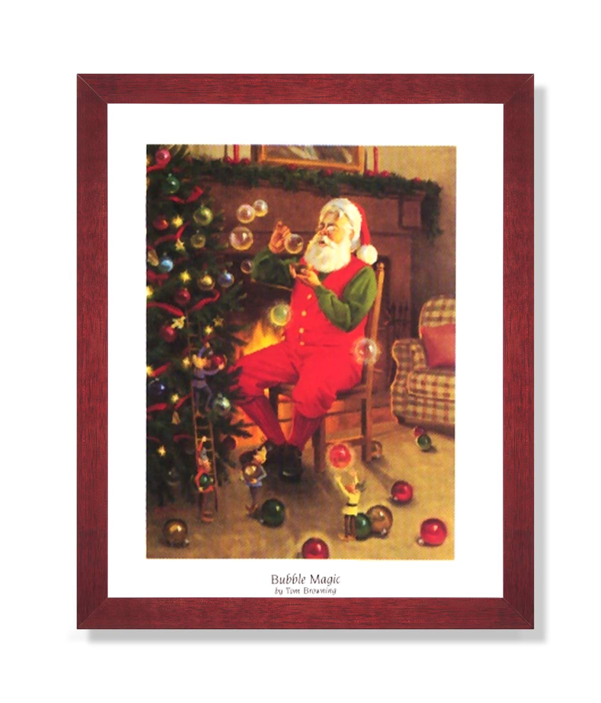 Framed Christmas Art - Santa Claus Picture with Solid Wood Cherry Frame