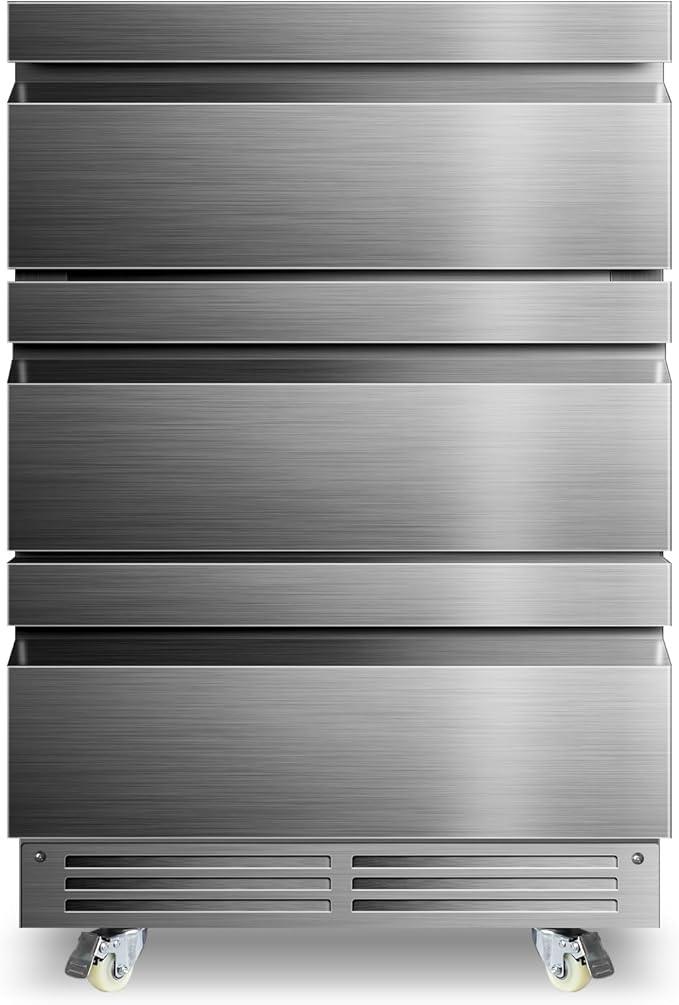 24 Inch Upgraded Three-Drawer Beverage Fridge, Weather Proof Outdoor Stainless Steel Beverage Refrigerator, Under Counter Built-in Beverage Cooler for Home & Commercial Use