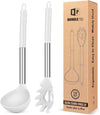 Silicone Pasta Fork and Ladle Spoon Set, Large Non Stick Kitchen Utensils for Cooking,Stirring,Serving Spaghetti, Soup, Sauce (WHITE)