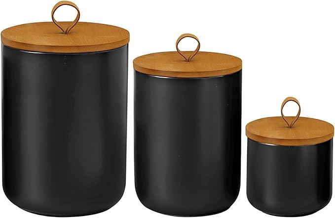 Ceramic Storage Jars, Modern Elegant Highly Polished Airtight Gorgeous Storage Canisters with Wooden Lid Small Food Stroage Jar for Kitchen Spice Tea Vanilla Sugar Coffee Beans (Black-3Pcs)