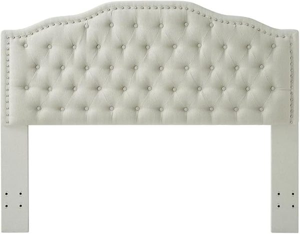24KF Upholstered Button Tufted Queen Headboard with Nailhead Trim, Elegant Boucle Fabric Full headboard, 6031-Q-Boucle-Beige