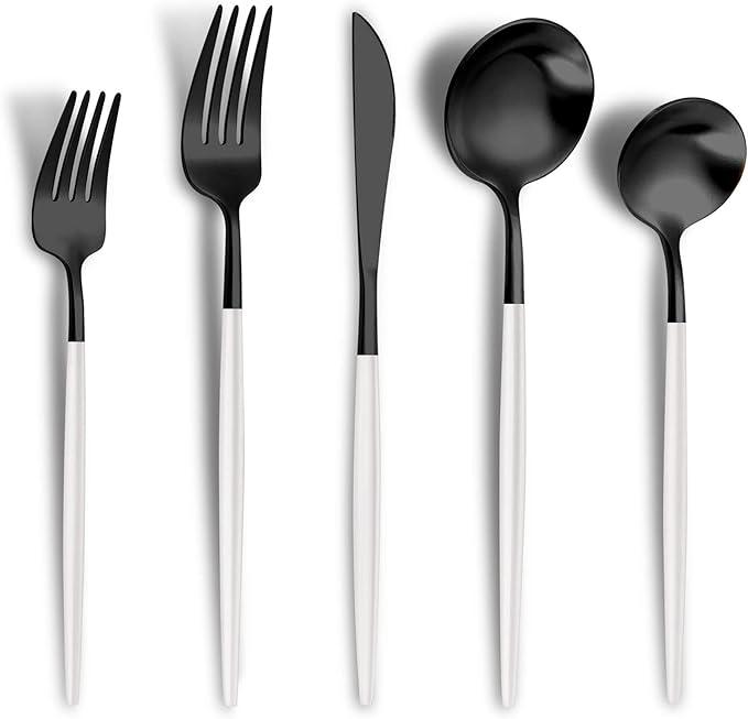 Matte Black White Silverware Set for 4,Modern Stainless Steel Brushed Cutlery Set,20-Pieces Heavy Duty Flatware Set,Knives Spoons and Forks Set Utensils Set, Satin Finish, Dishwasher Safe
