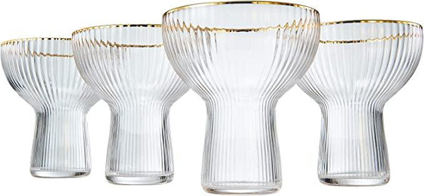 Ribbed Stemless Margarita Glasses with Gold Rim - Set of 4 - Hand Blown Luxury Coupe Cocktail, Martini & Champagne Glasses for Spring & Summer – Large Party, Elegant Ripple Design, Gilded Rim (10 OZ)