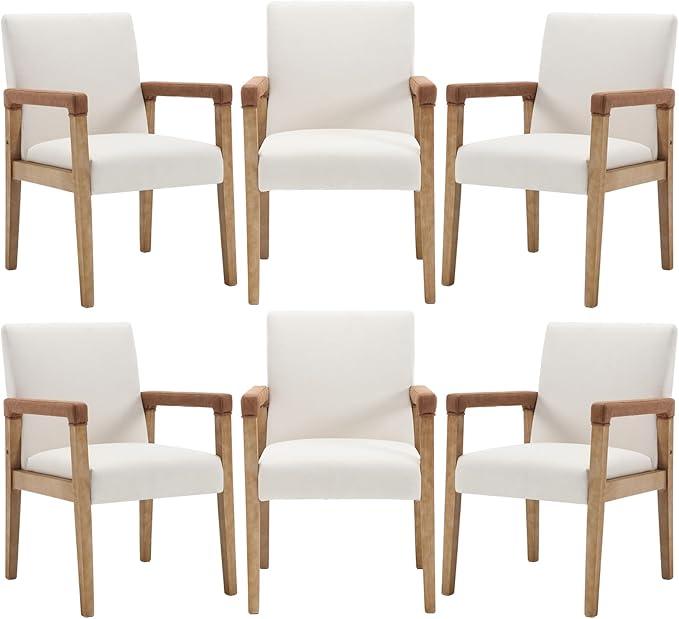Mid Century Modern Dining Chairs Set of 6 Linen Fabric Upholstered Living Room Side Chair, Kitchen Arm Chair with Solid Wood Legs for Home Kitchen & Restaurant, Linen White