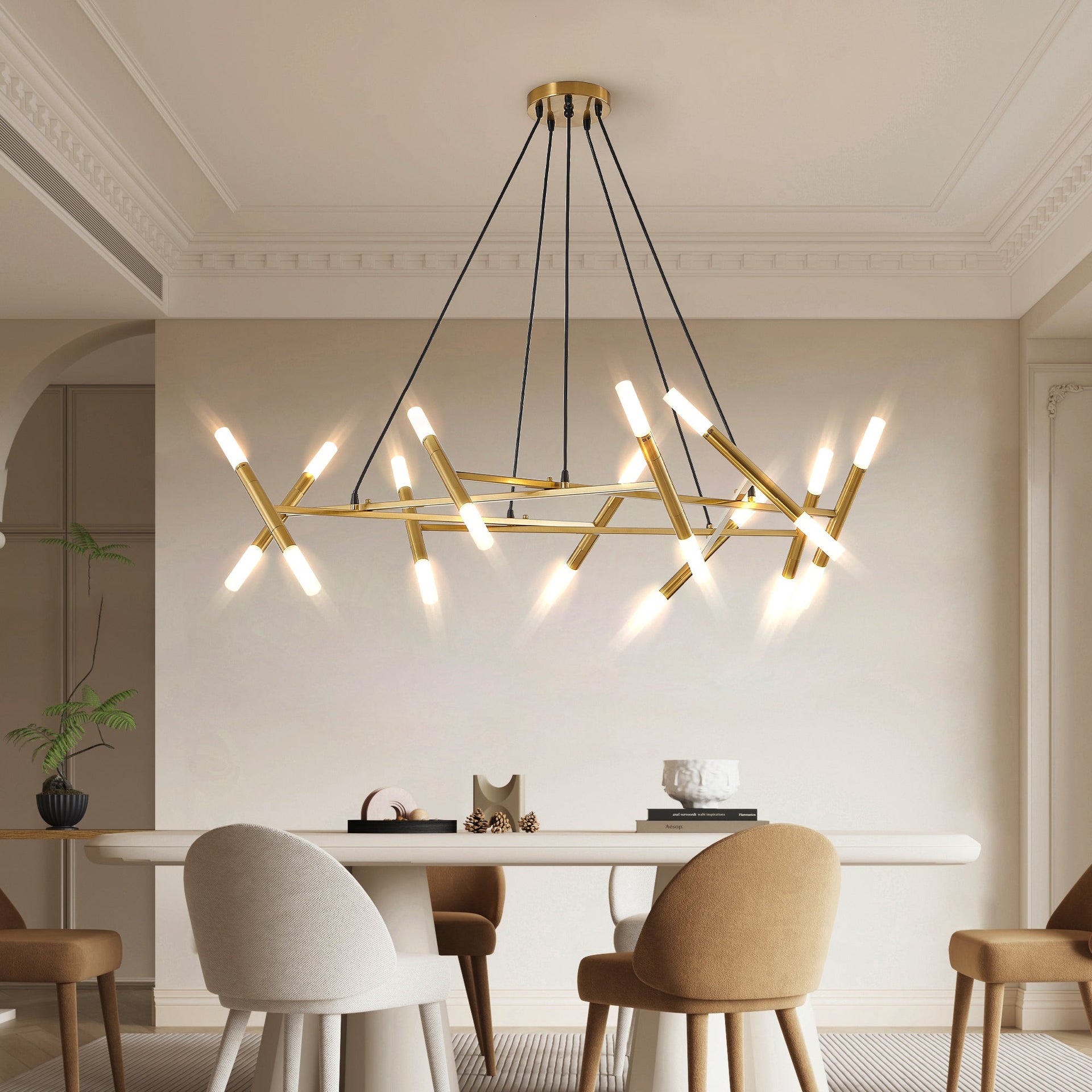 Modern Branch Chandelier with Frosted Tubes, Adjustable Height Pendant Light for Dining