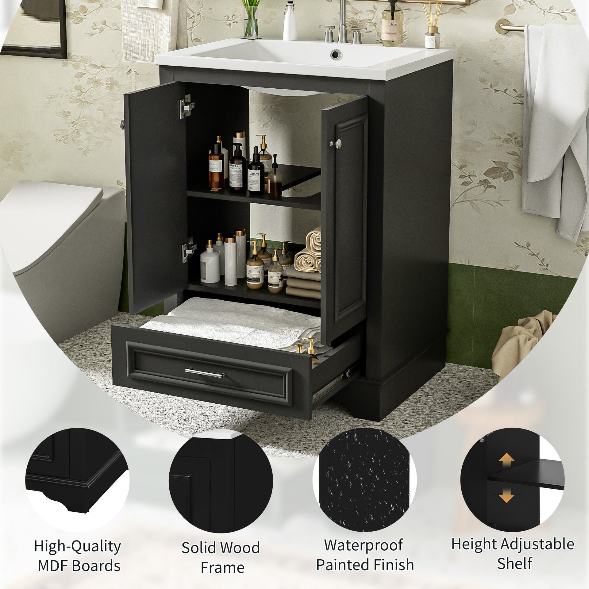 Bathroom Vanity with Ceramic Sink and Modern Freestanding Storage Cabinet, Soft-Close Doors