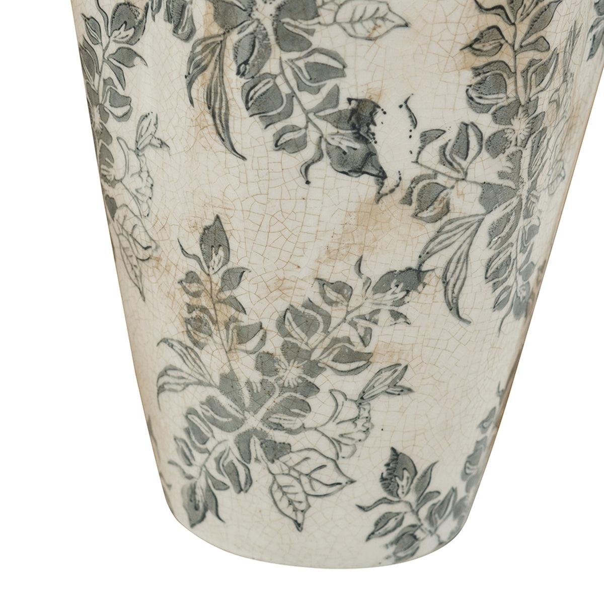 Vintage European Ceramic Vase with Distressed White Finish & Gray Floral Design