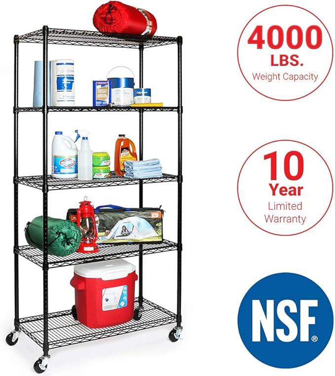 Seville Classics UltraDurable Heavy Duty NSF Solid Steel Wire Rack Storage Unit, Organizer for Garage, Warehouse, Office, Restaurant, Classroom, Kitchen, Black, 5-Tier Shelving, 36