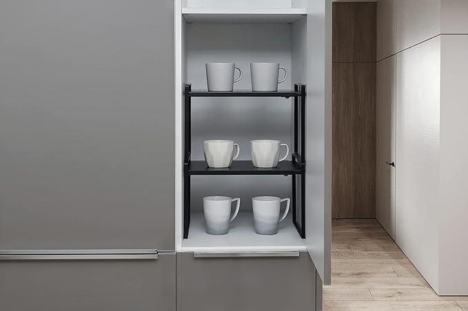 Nxconsu Expandable Cabinet Shelf Organizer Riser for Kitchen Pantry Cupboard Under Sink Countertop Home Storage Organization Rack Space Saver Freestanding Heavy Duty Nonslip Stackable Black Large