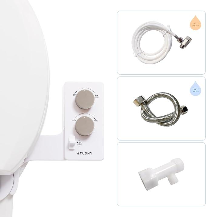 TUSHY Spa Warm Water Bidet Attachment for Toilet. Universal Fit, Easy Install (Requires Sink Access for Optional Temperature Control) Self Cleaning, Adjustable Pressure, Angle Control, Platinum Knob