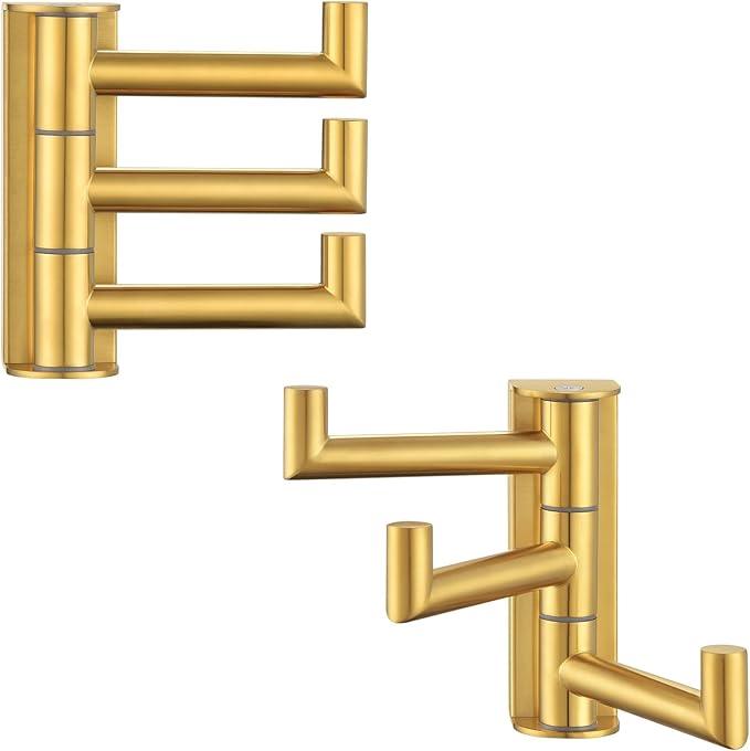 Angle Simple Towel Hooks Swivel, SUS 304 Stainless Steel 3 Arms Foldable Hand Towel Holder, Coat Hooks, Brushed Gold, 2 Pack