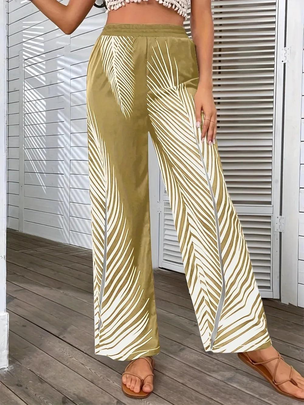 Fashionable and elegant striped leaf positioning printed wide leg pants for women