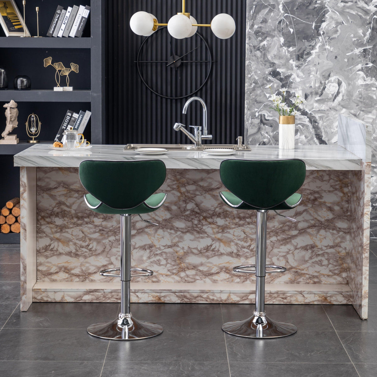 Green Velvet Adjustable Swivel Bar Stools with Chrome Base & Footrest – Set of 2