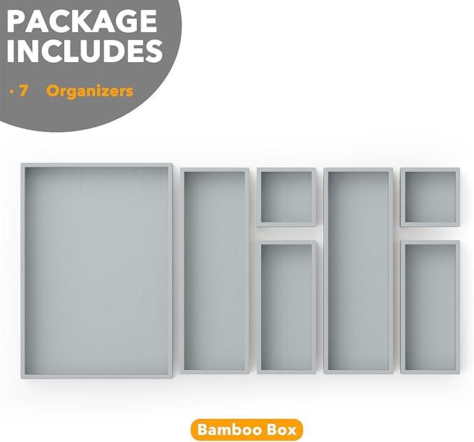 SpaceAid 7-Piece Bamboo Drawer Organizer Storage Boxes Set, Wood Tray Junk Drawer Organizers Multi-Use Divider Bins for Kitchen, Bathroom, Office Desk and Makeup Organization (7 Pack, Gray)