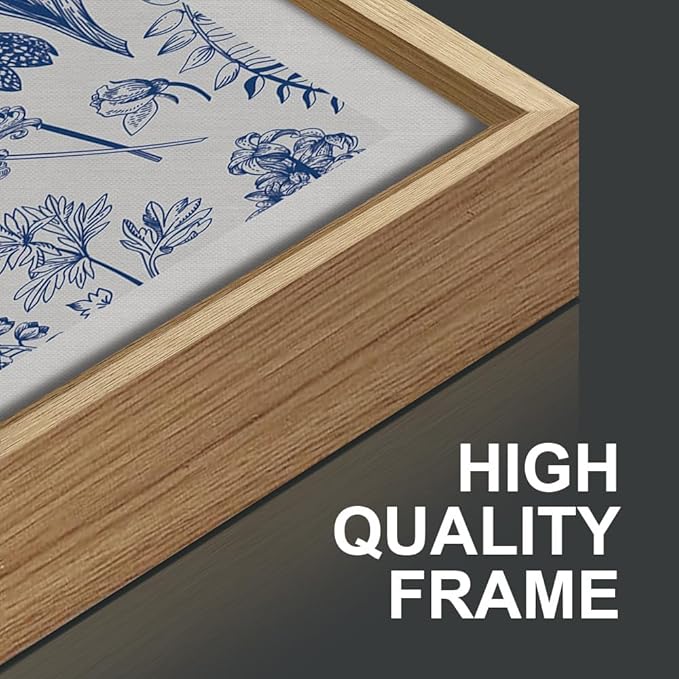 SIGNINART Classic Chinoiserie Framed Canvas Wall Art Set, Blue and White Floral Art Painting, Minimalist Botanical Flower Artwork, Navy Blue Wall Decor for Bedroom, Living Room, Office 16