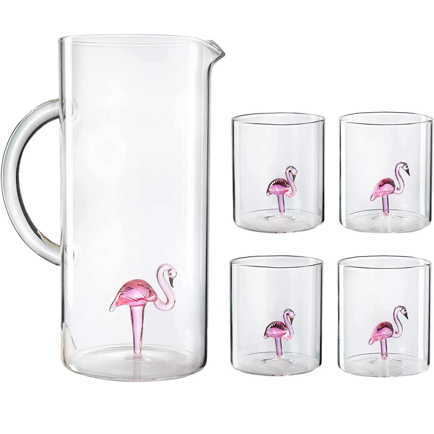 The Wine Savant Flamingo Pitcher & 4 Glasses Set Decanter with 4 Pink Flamingo Glasses 9oz Elegant Glass Set, Great for Water Iced Tea, Sangria, Lemonade, and More! 1300ml 9