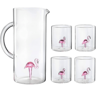 The Wine Savant Flamingo Pitcher & 4 Glasses Set Decanter with 4 Pink Flamingo Glasses 9oz Elegant Glass Set, Great for Water Iced Tea, Sangria, Lemonade, and More! 1300ml 9