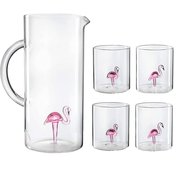 The Wine Savant Flamingo Pitcher & 4 Glasses Set Decanter with 4 Pink Flamingo Glasses 9oz Elegant Glass Set, Great for Water Iced Tea, Sangria, Lemonade, and More! 1300ml 9