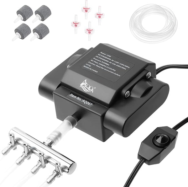 AQQA Powerful Aquarium Air Pump Adjustable Fish Oxygen Aerator Pump for Basement Aquarium Ponds Hydroponic 4 Outlets Commercial Air Pump Bubbler with Accessories for Fish Tank Up to 600Gal(10W,237GPH)