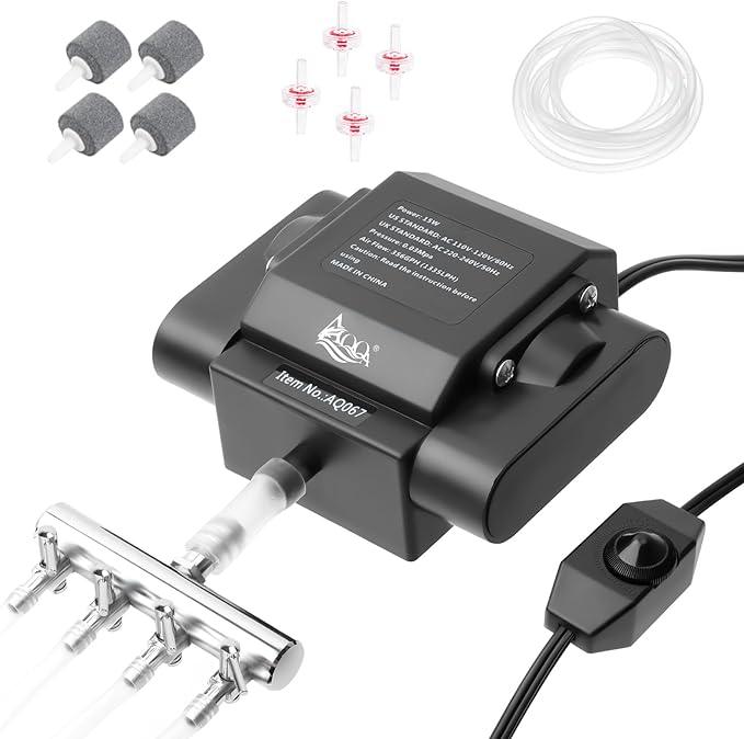 AQQA Aquarium Air Pump Powerful Pond Aerator Oxygen Pump 4 Outlets Adjustable Hydroponic Air Bubbler Pump with Air Stone Tube Air Valves for Up to 1000Gal (15W,356GPH)
