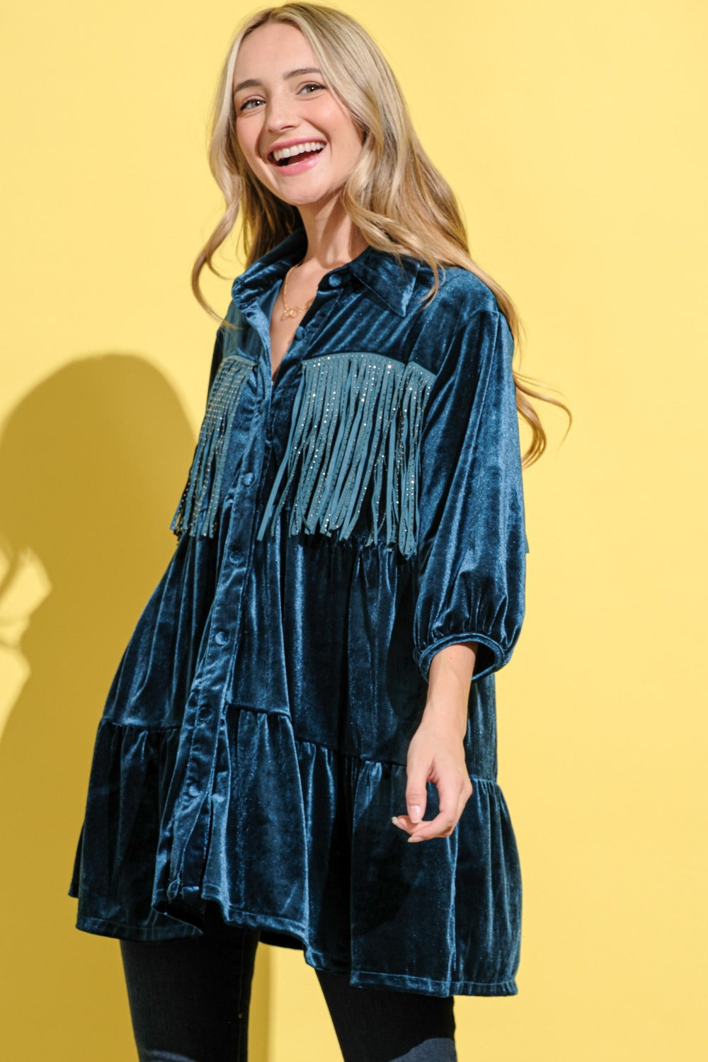 Fringe Detailed Velvet Shirt Dress – Velvet Shirt Dress, Fringe Detail Dress, Luxurious Shirt Dress, Elegant Velvet Dress, Playful Fringe Dress