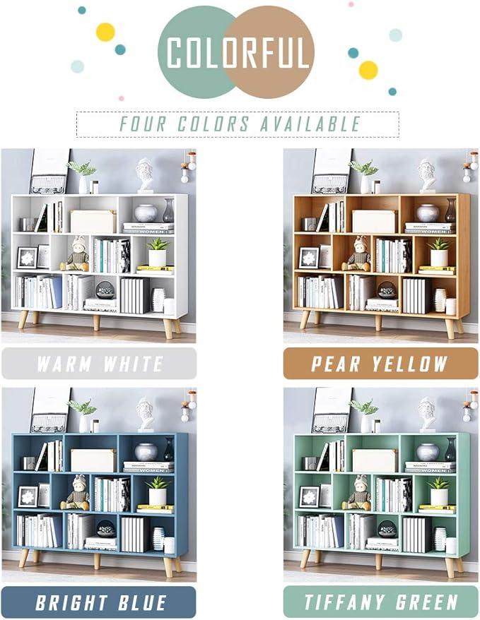 IOTXY Wooden Open Shelf Bookcase - 3-Tier Floor Standing Display Cabinet Rack with Legs, 10 Cubes Bookshelf, Pear Yellow