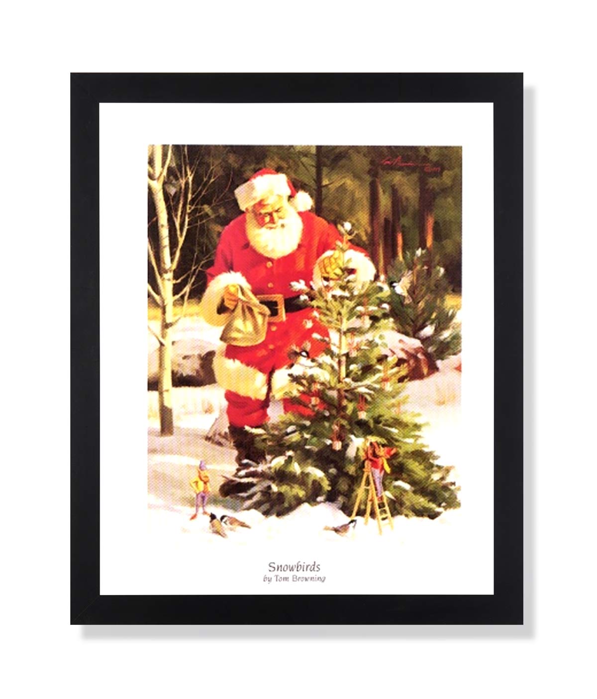 Christmas Art Print – Santa Claus Painting with Pine Tree Decoration | Black Wood Frame 19x23