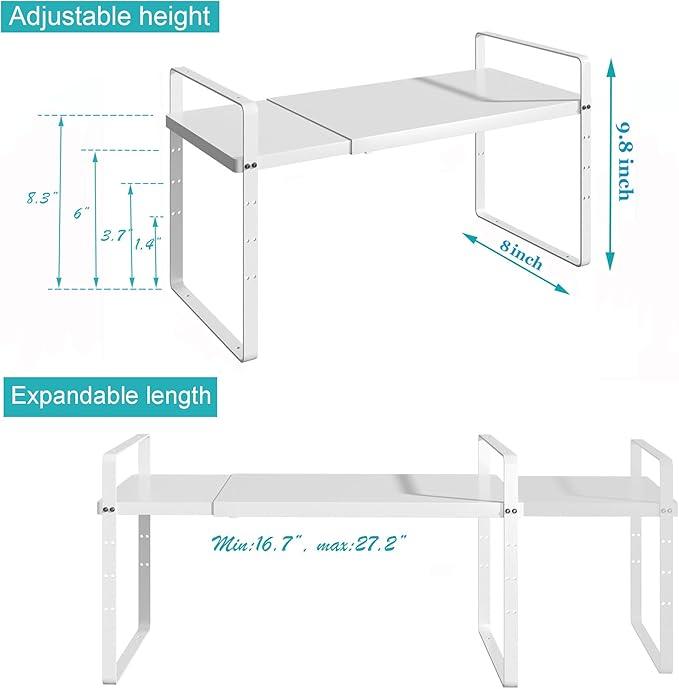 iPEGTOP Expandable Cabinet Storage Shelf Organizer Rack, Heavy Duty Cupboard Stand Spice Rack Adjustable Height Garage Pantry Shelf Space Riser for Counter Kitchen Organization, White, 2 Pack