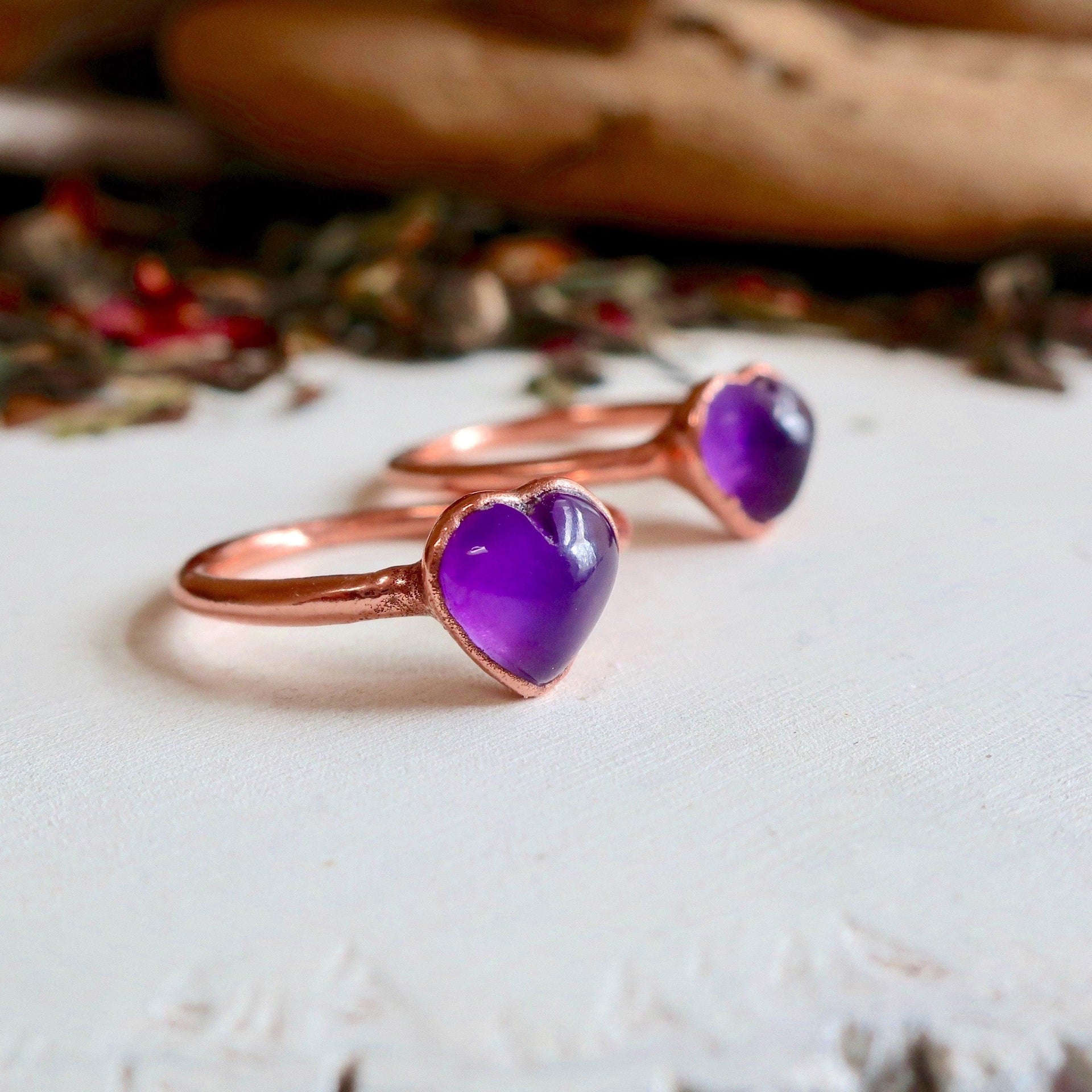 Copper Amethyst Heart Ring With Calm Clarity | By Blackbird & Sage