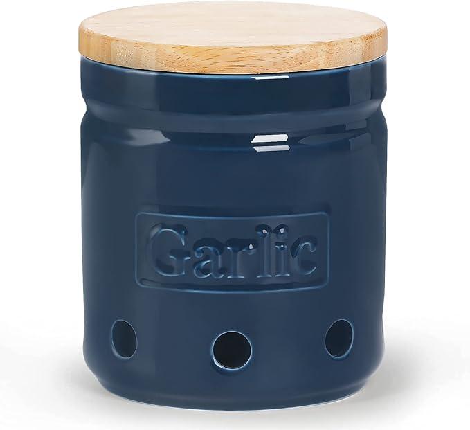 Large Garlic Keeper with Wooden Lid, Ceramic Garlic Holder Storage, Garlic Container for Kitchen, Garlic Saver to Keep Your Garlic Cloves Fresh Longer 4.5-Inch, Navy
