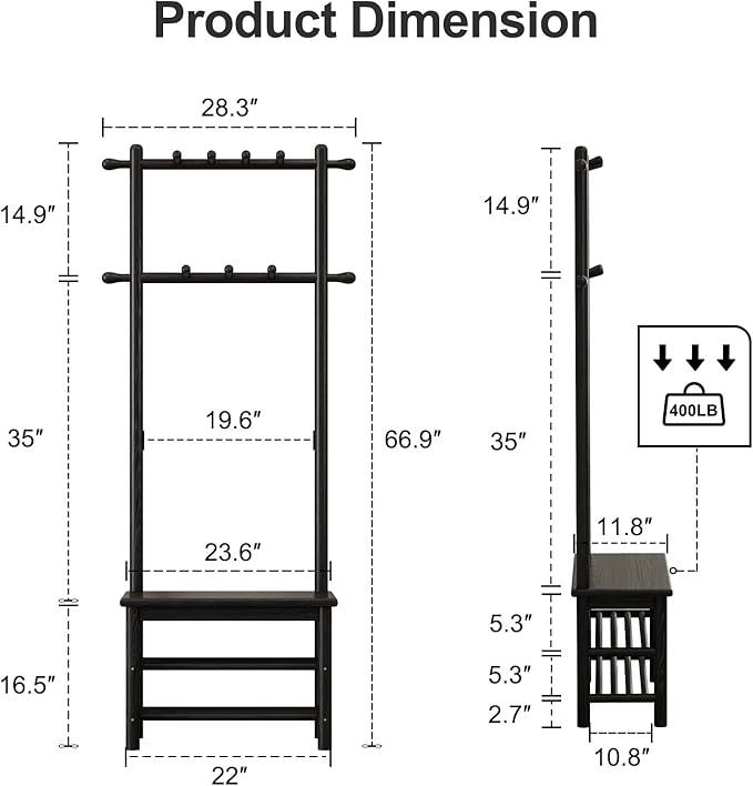 Coat Rack with Shoe Storage, Narrow Wooden Hall Tree with Bench, 11 Hooks and 2-Tier Storage Shelves, 3-in-1, Entryway Bench with Coat Rack (23.6